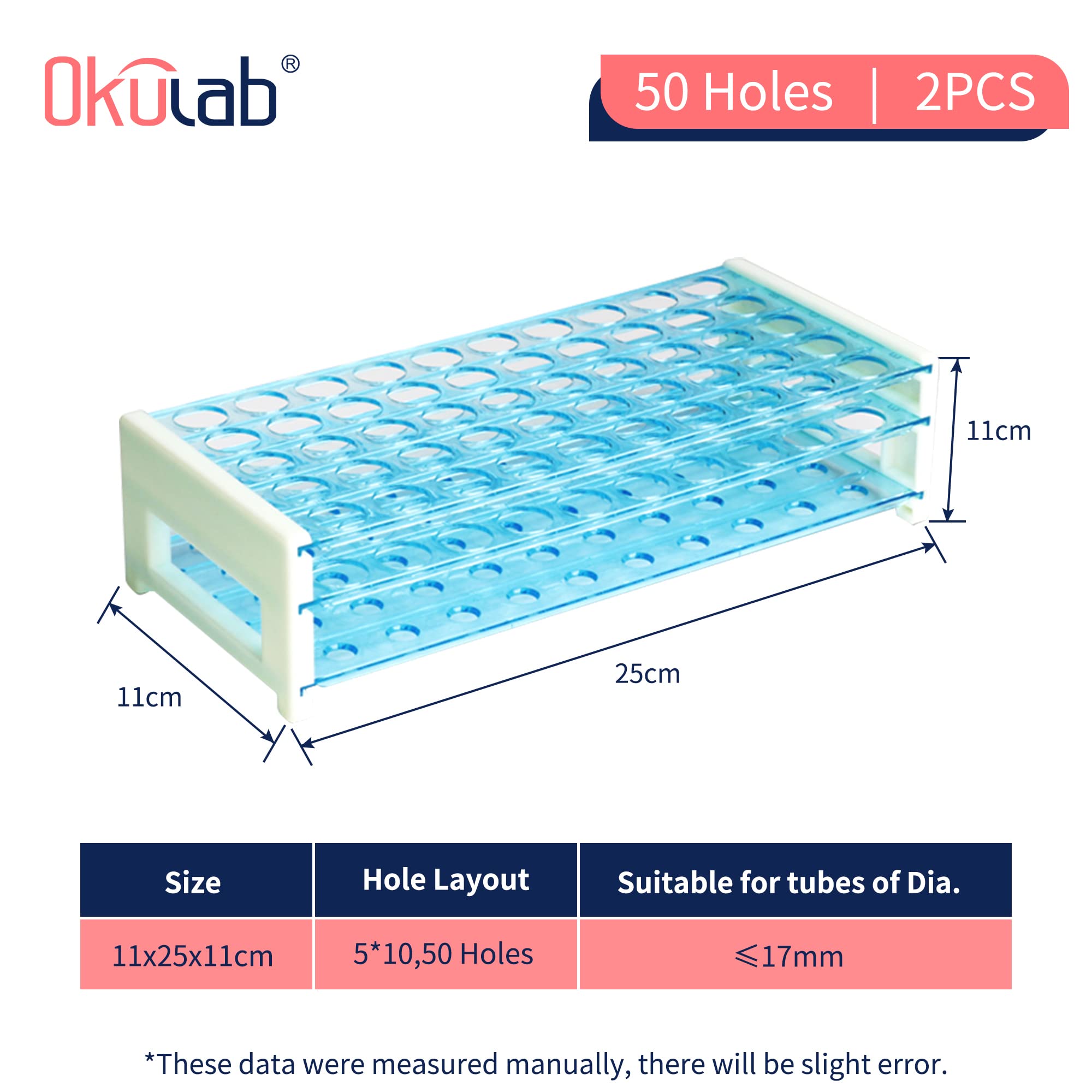 Okulab Detachable Plastic Tube Rack Set, 2pcs, Suitable for Tubes of Dia.≤17mm, 50 Holes Test Tube Holder, for Classroom, Lab,TTRP50A2