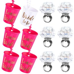 12 pieces bachelorette party supplies, shot glass necklace and light up diamond rings, team bride necklace with gold foil for bachelor wedding party and bridal shower decorations