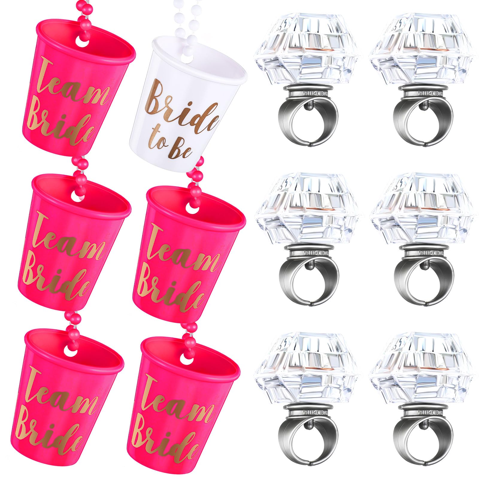 12 Pieces Bachelorette Party Supplies, Shot Glass Necklace and Light up Diamond Rings, Team Bride Necklace with Gold Foil for Bachelor Wedding Party and Bridal Shower Decorations