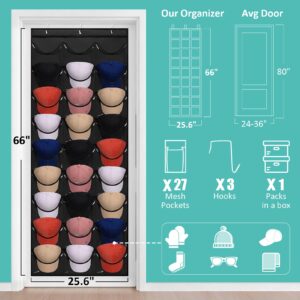 Tiblue Hat Rack for Baseball Caps, 27 Pockets Organizer, Hanging Over the Door Storage Closet Wall with Large Clear & 3 Hooks Holder Hanger for Sport