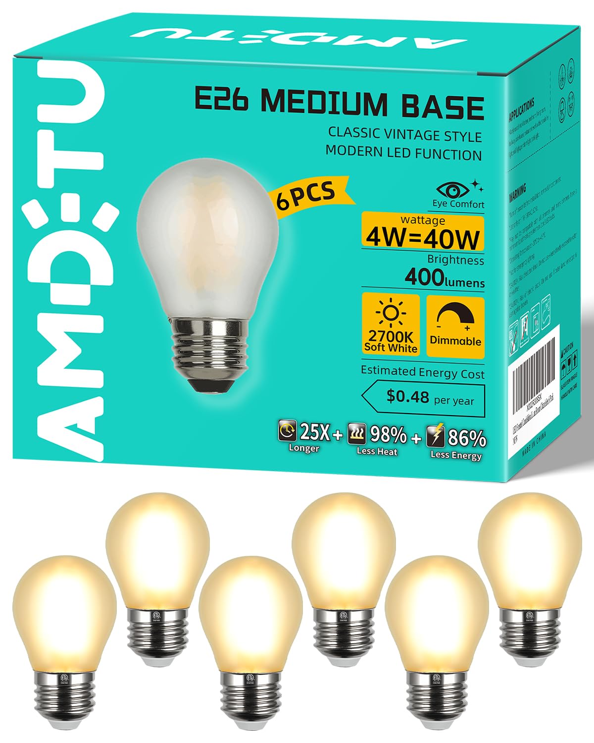 Vintage LED Edison Short Bulb 40W Dimmable E26 Small Globe 2700K Soft white Frosted 40 Watt Warm Standard Medium Base G45 LightBulbs Ideal for Home Lighting Fixtures create Cozy Ambiance in Bedrooms