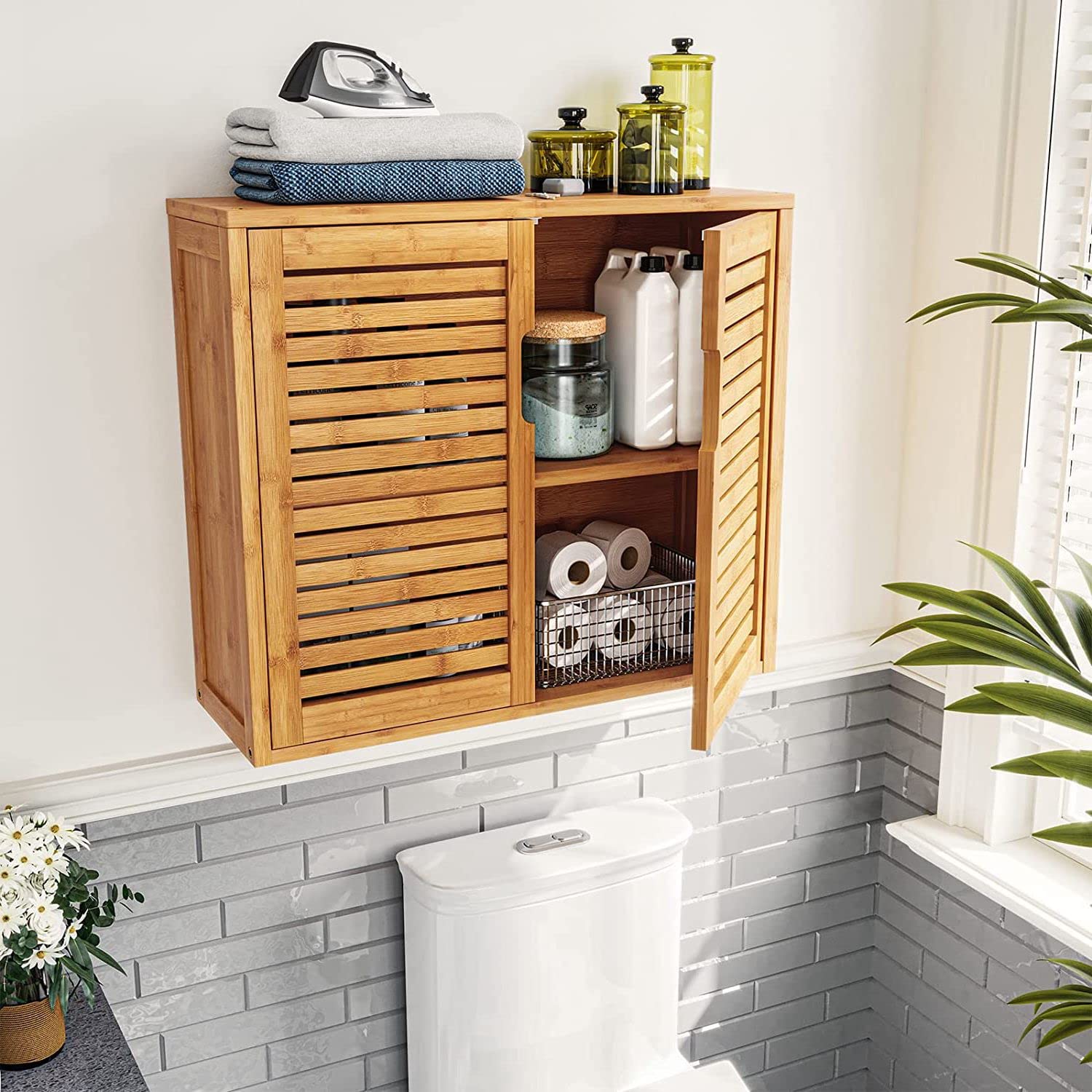 VIAGDO Wall Cabinet Bathroom Storage Cabinet Wall Mounted with Adjustable Shelves Inside, Double Door Medicine Cabinet, Utility Cabinet Organizer Over Toilet, Bamboo, 23.2''Lx8.3''Wx20.1''H