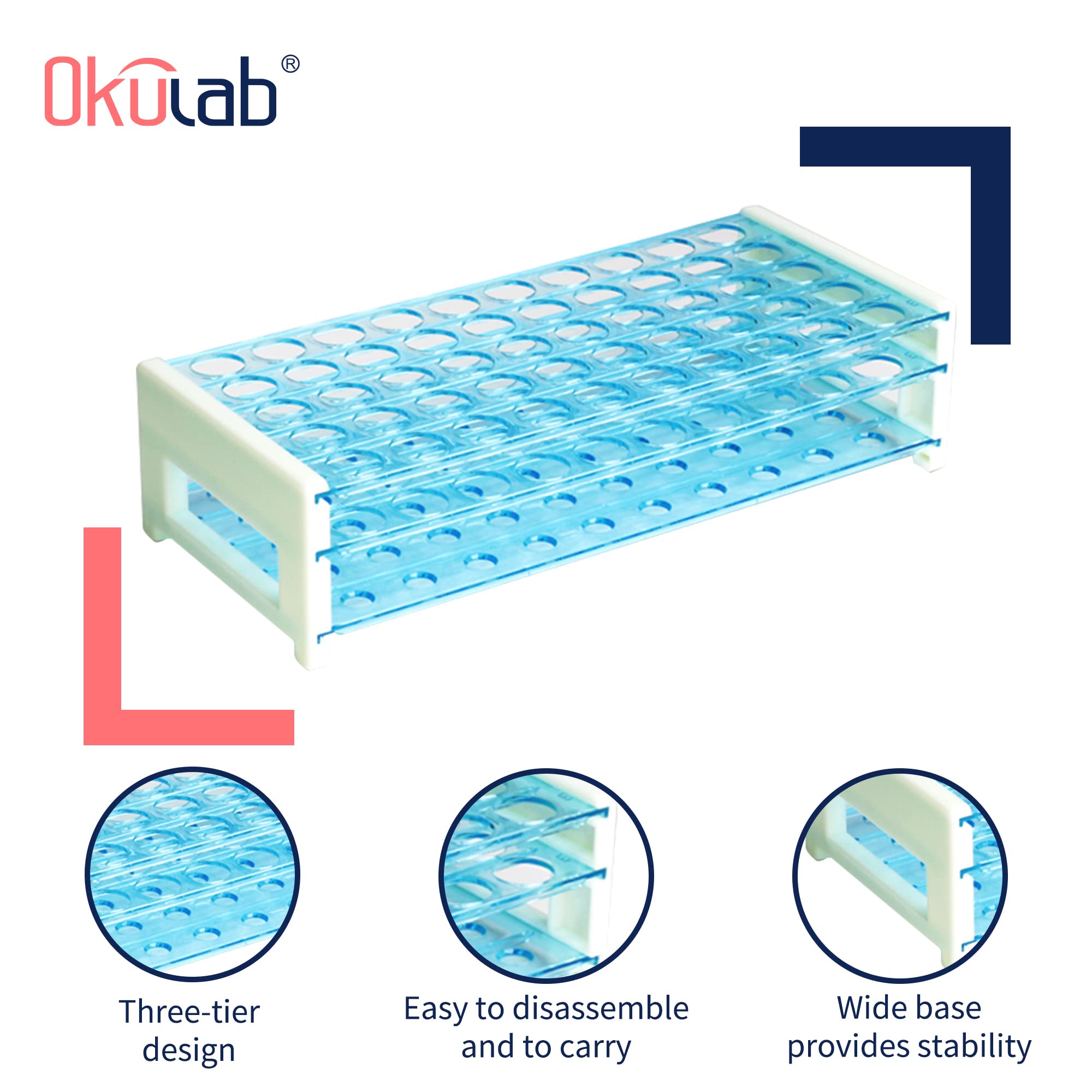 Okulab Detachable Plastic Tube Rack Set, 2pcs, Suitable for Tubes of Dia.≤17mm, 50 Holes Test Tube Holder, for Classroom, Lab,TTRP50A2