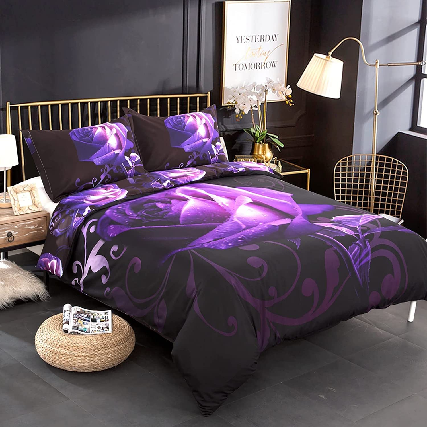 WONGS BEDDING Duvet Cover Set King, 3 Pieces Valentine's Day Bedding Set with 2 Pillowcases, Purple Rose Gifts for Gril Duvet Cover King 90"x104"