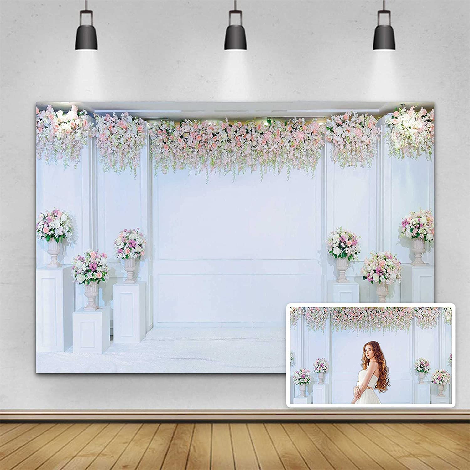 Yeele 10x6.5ft Wedding Backdrop Pink Flower White Wall Photography Background Valentine's Day Wedding Bridal Party Decoration Anniversary Ceremony Decor Photo Banner Portrait Shooting Photo Booth Prop