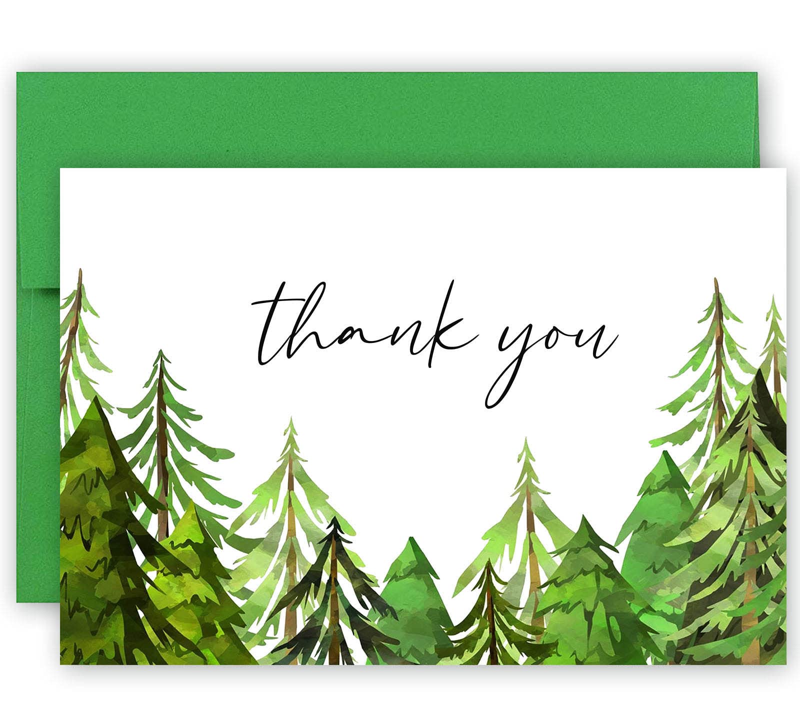 50 Green Forest Trees Thank You Cards, Watercolor Greenery Thank You Note Cards, 4''x6'' Woodland Thank You Cards