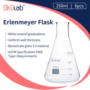 Okulab Conical Flask Set, 250mL Glass Erlenmeyer Flasks, Narrow Mouth, 3.3 Borosilicate Glass Conical Flask Set (case of 6) for Lab, Classroom, Craft, Kitchen,EFNG250A6