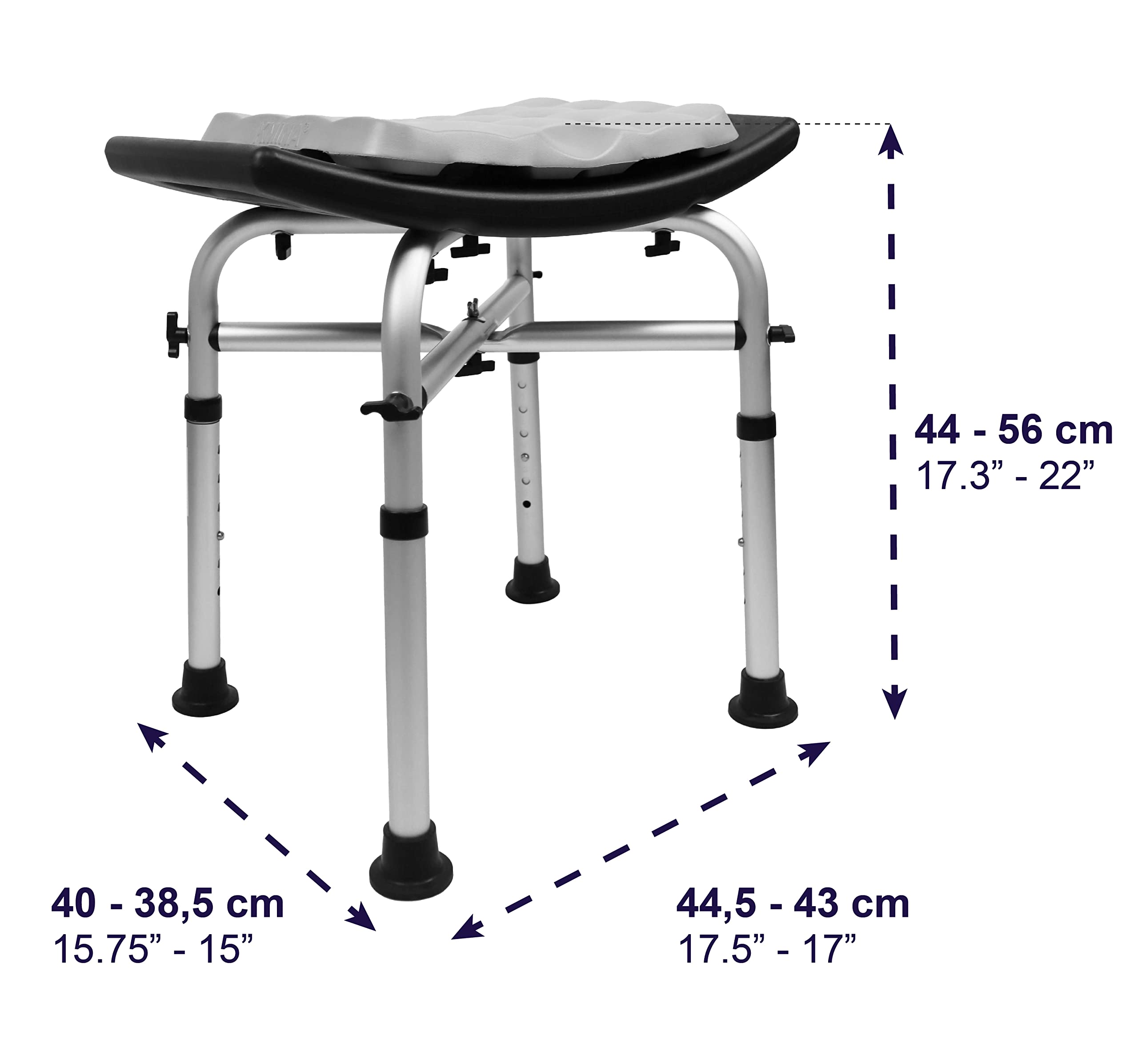 KMINA - Heavy Duty Shower Stool Padded (330 lb) with Double Reinforced Crossbar and Cushion, Shower Stool for Inside Shower, Shower Chair for Bathtub, Black Shower Seat Free Assembly - Made in Europe