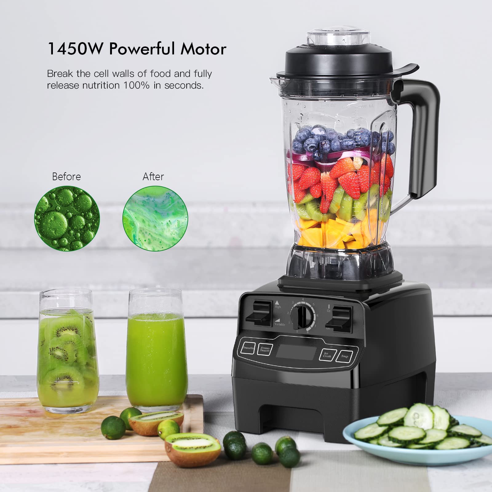 Yukkary 1450W Professional Blender, 2L BPA-Free Tritan Container, 8 Speed Control, 8 Three-Layer Blades, Ice Crushing, Smoothies, Soups, Sauces, Self-Cleaning