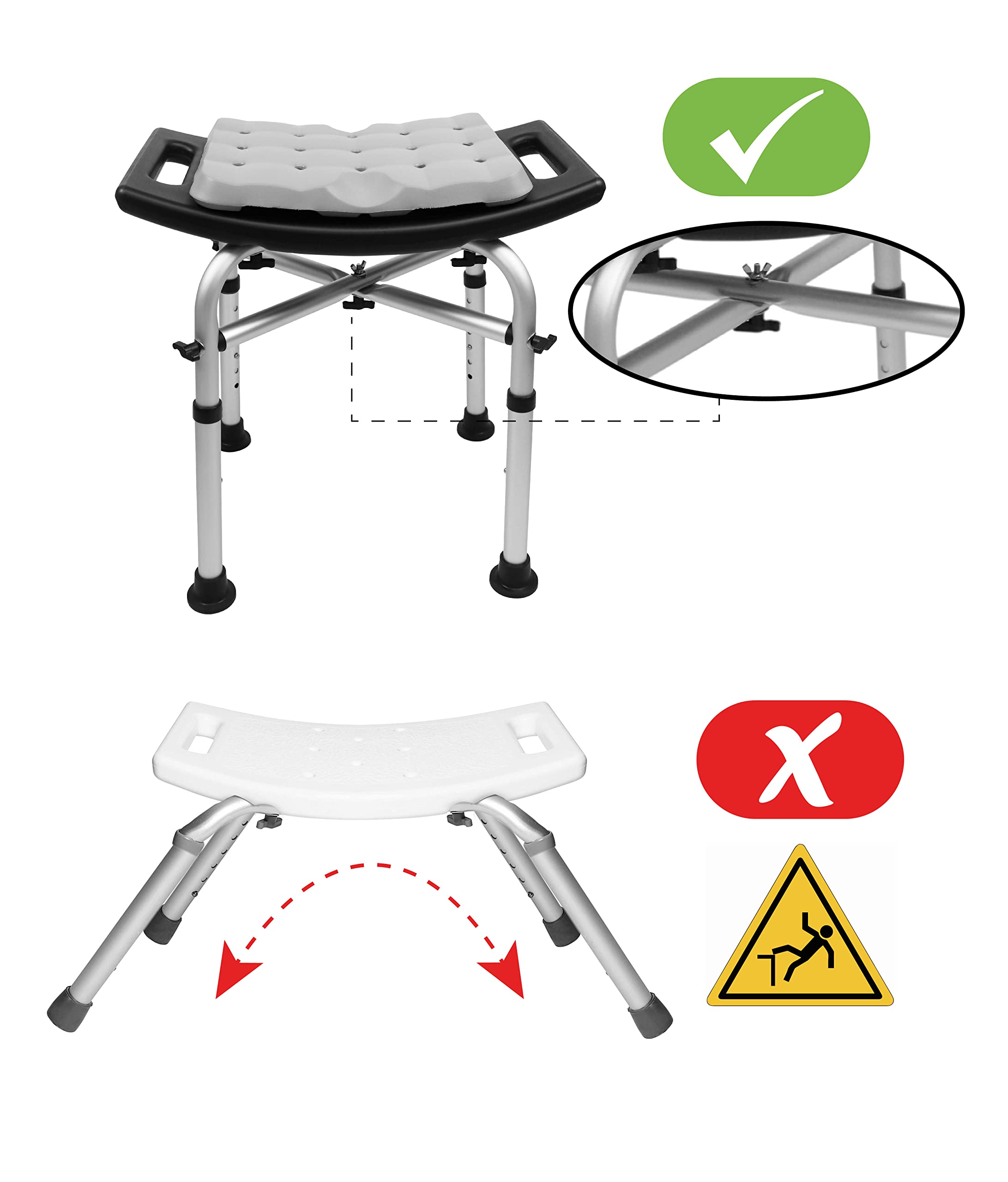 KMINA - Heavy Duty Shower Stool Padded (330 lb) with Double Reinforced Crossbar and Cushion, Shower Stool for Inside Shower, Shower Chair for Bathtub, Black Shower Seat Free Assembly - Made in Europe