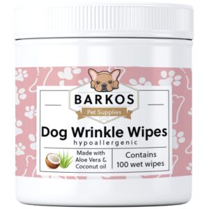 barkos pet supplies wrinkle wipes for dogs | bulldog, french bulldog, pug, english bulldog | cleans & soothes wrinkles, folds, tear stain, tail pockets & paws, anti-itch | 100 soft cotton pads…