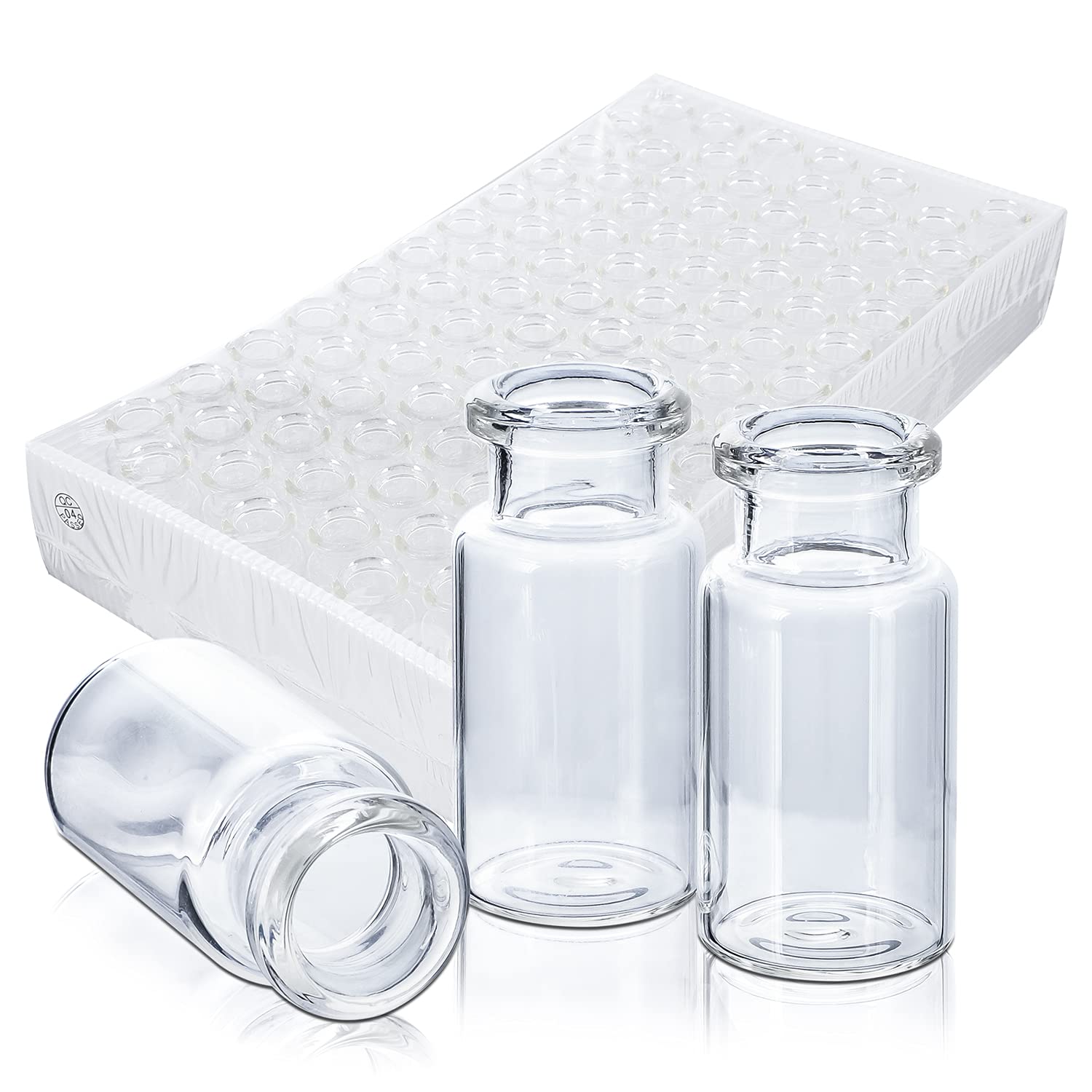 200 Pack 10ml Glass Vials, Clear Glass Headspace Vials with Plastic-Aluminum Flip Off Caps and Rubber Stoppers, 20mm Transparent Flat Bottom Lab Vial