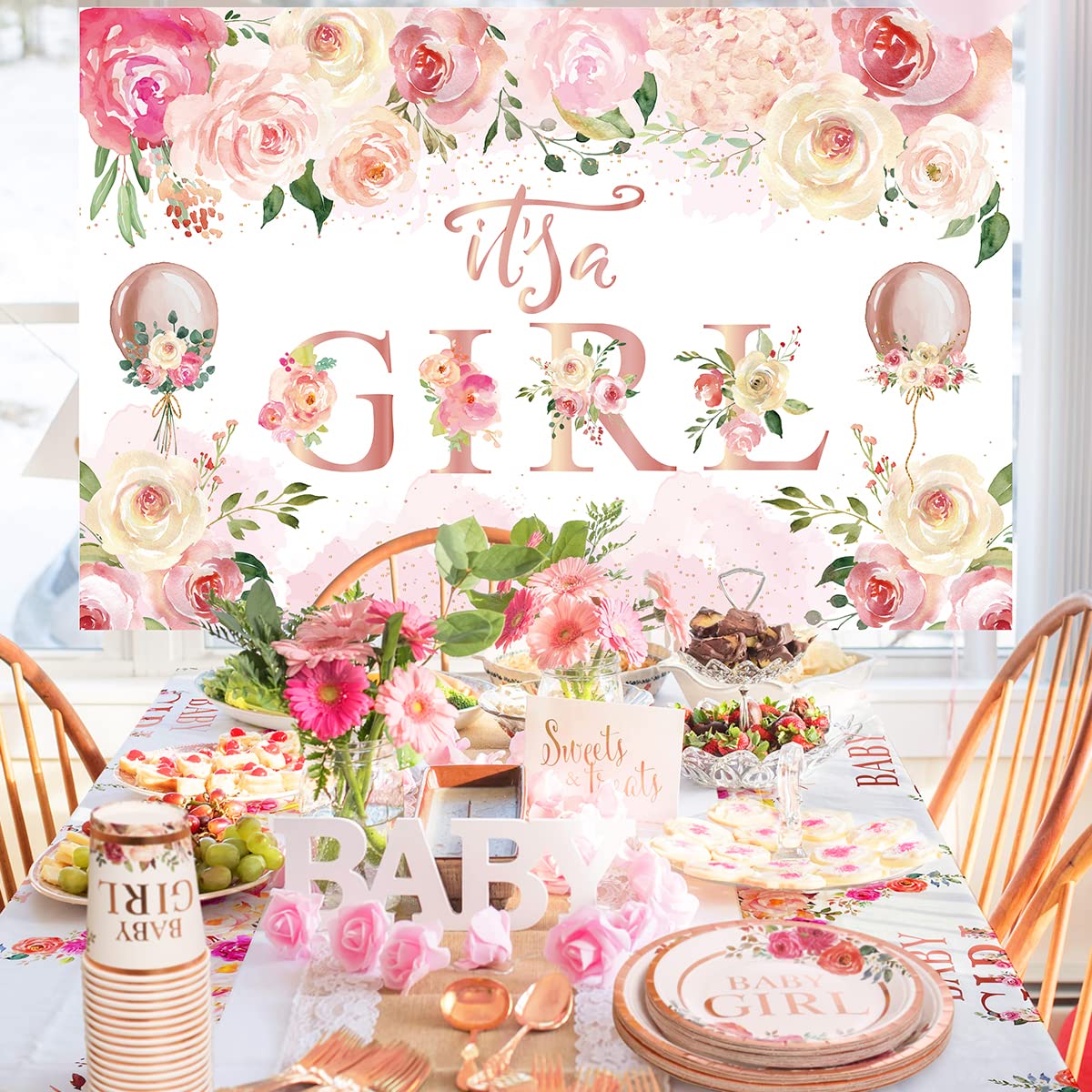 Baby Shower Decorations for Girl Pink and Rose Gold Floral Baby Shower Decor with It's A Girl Backdrop and Baby Girl Plates and Napkins for Sweet Baby Girl Shower Supplies Serves 20 Guests