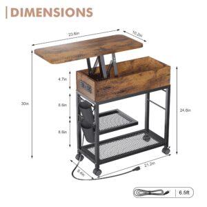 Colima Lift Top End Table with Charging Station and Wheels, Sofa Side Table with USB Port & AC Outlets, Movable Bedside Nightstand with Side Bag for Office Living Room Bedroom(Rustic Wood)