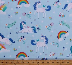 cotton happy little unicorns fairytale rainbows flowers stars kids girls blue cotton fabric print by the yard (d769.60)