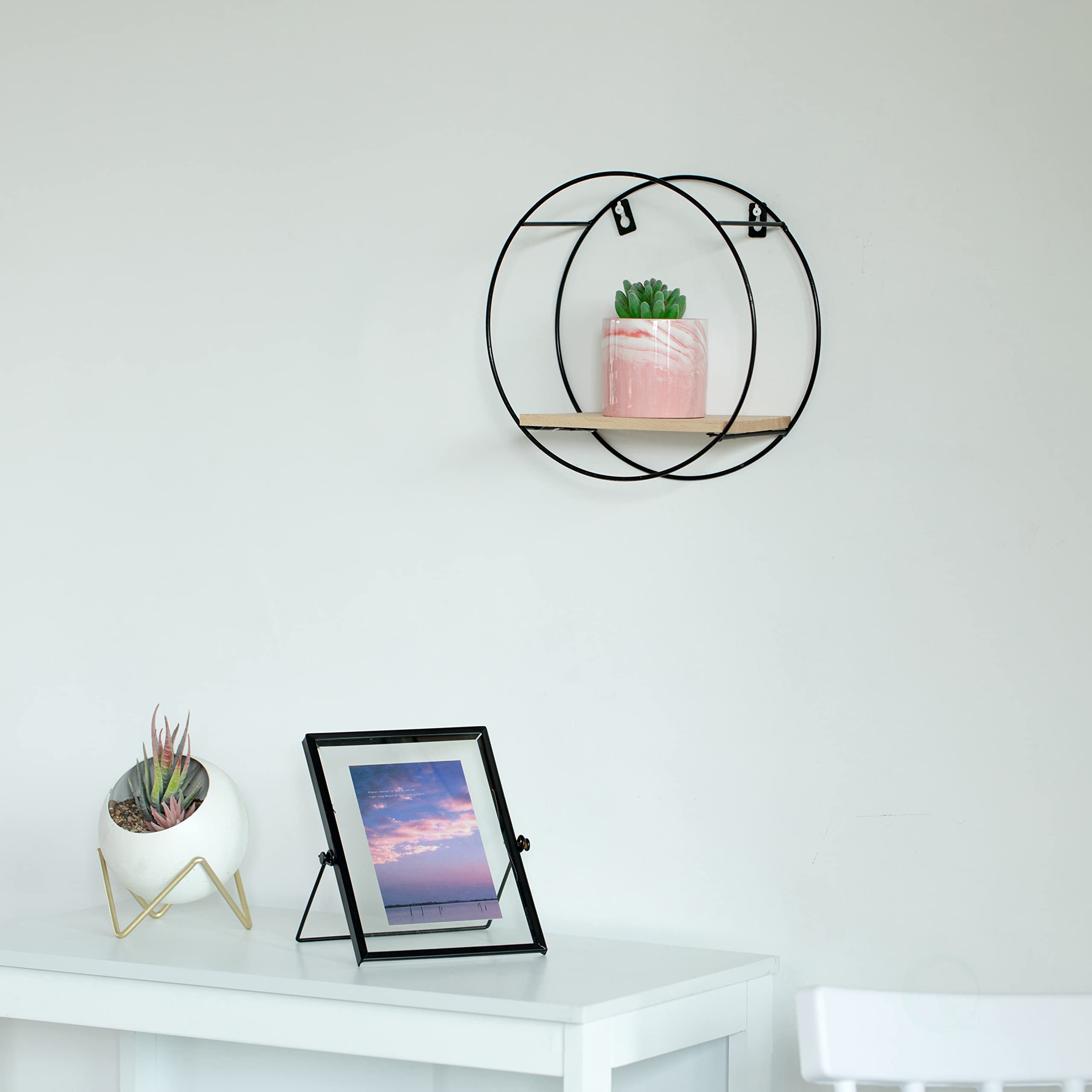 Vintiquewise Round, Wooden Board with Metal Frame Wall Mount Floating Shelf for The Living Room, Dining Room, or Office