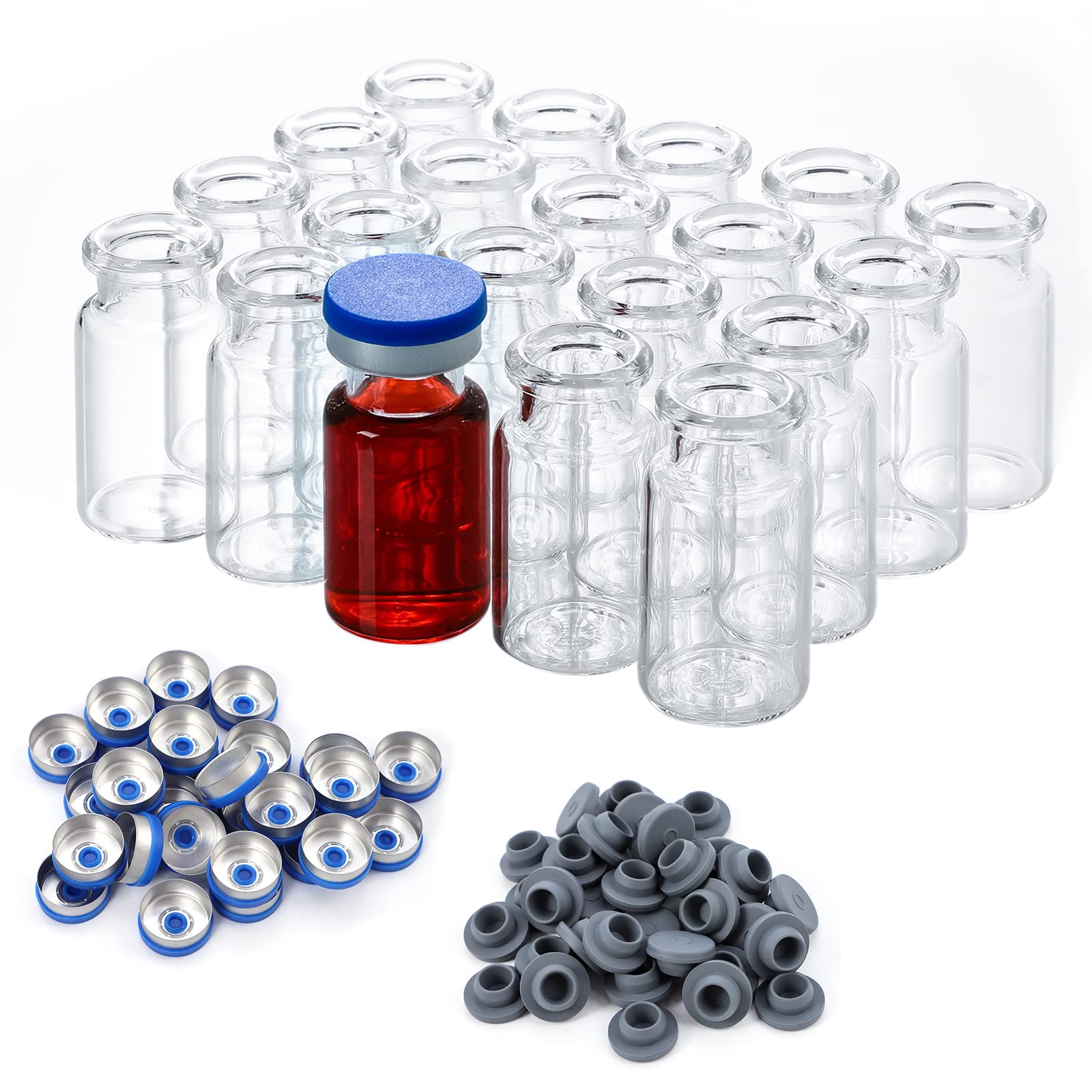 200 Pack 10ml Glass Vials, Clear Glass Headspace Vials with Plastic-Aluminum Flip Off Caps and Rubber Stoppers, 20mm Transparent Flat Bottom Lab Vial