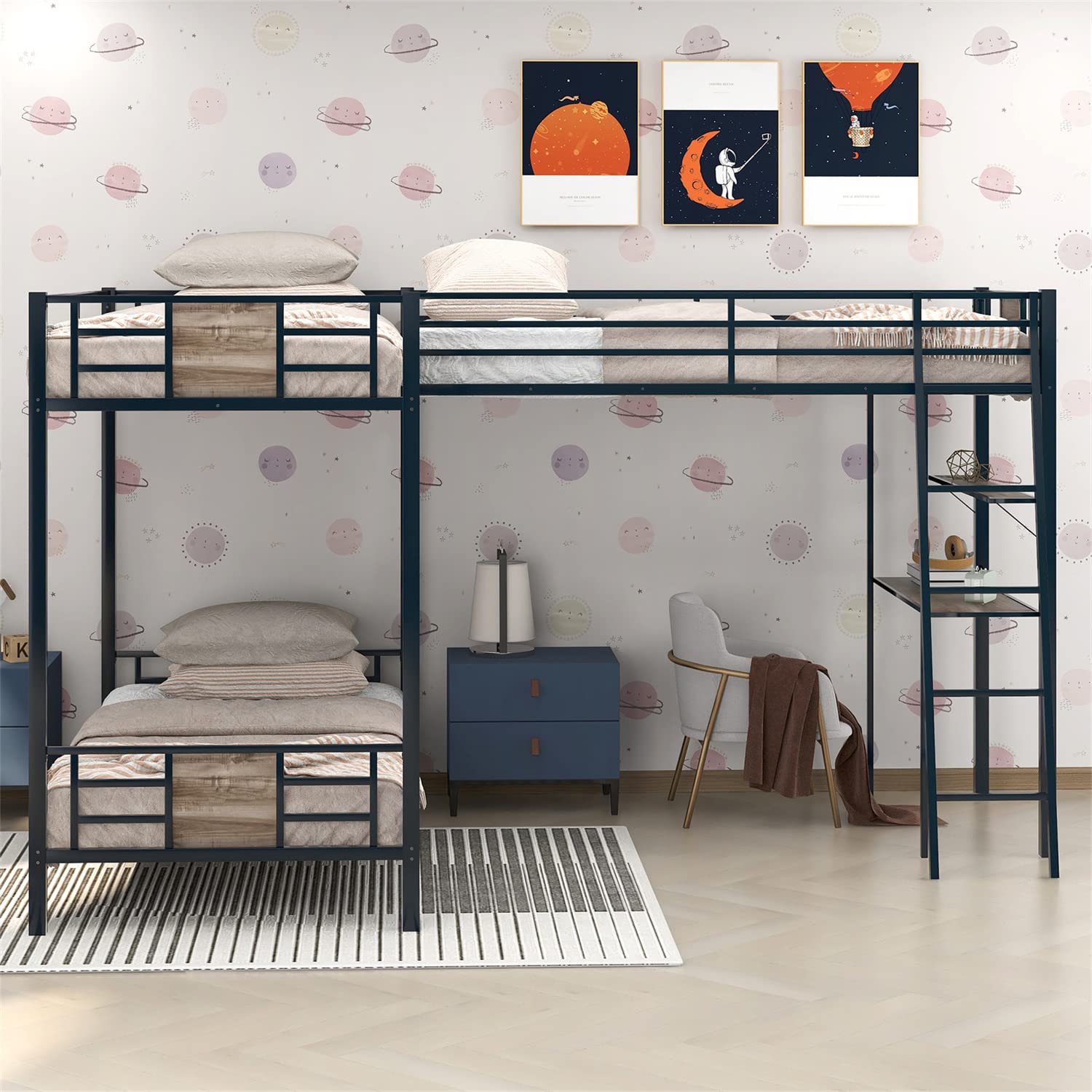 Metal Triple Bunk Bed for Kids Twin Over Twin L-Shape Bunk Bed Attached a Loft Bed with Desk & Shelves 3 Bunked Beds for for Dorm, Boys Girls Teens Kids, Brown