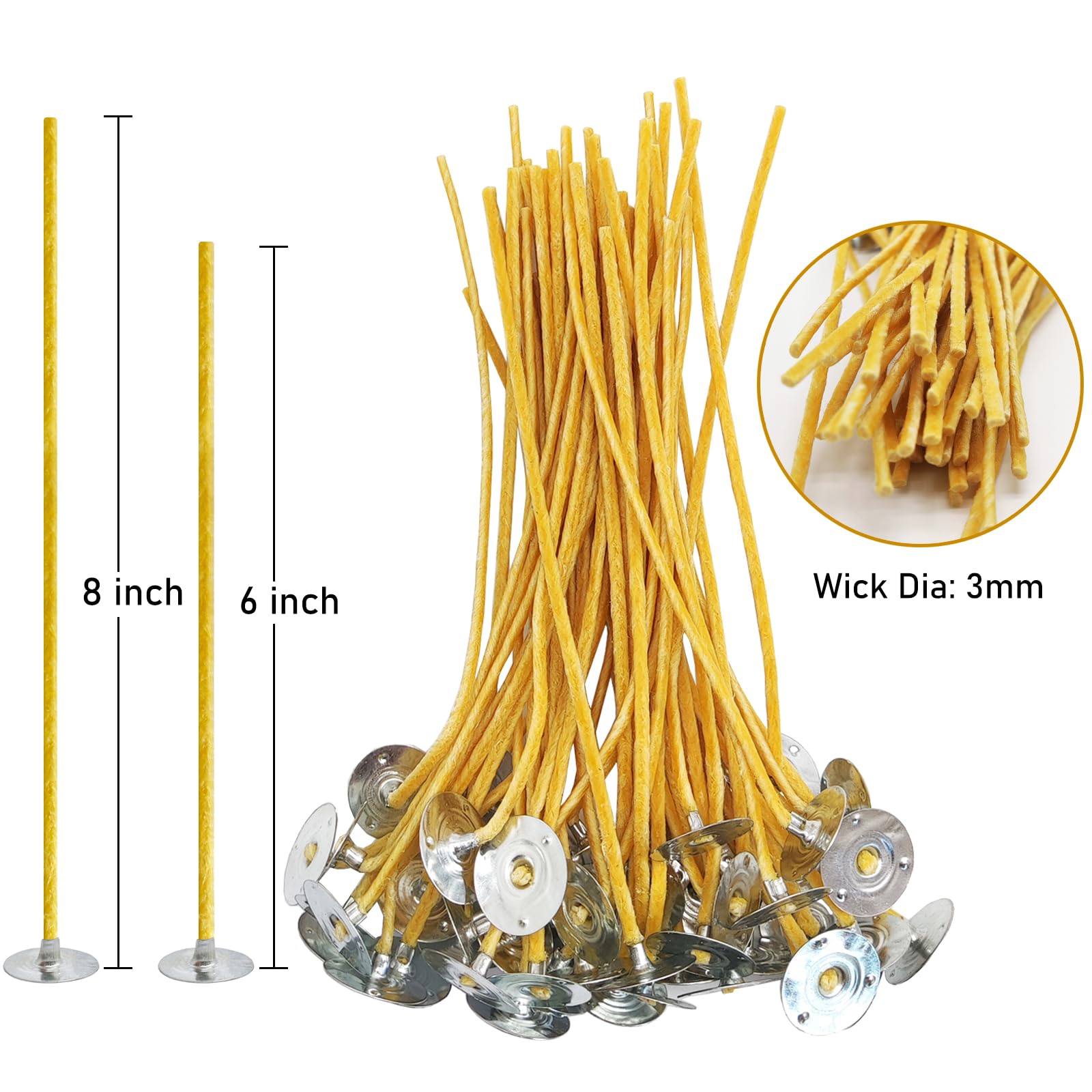 Nuozme 50 Pcs 6" Natural Candle Wicks,Pre-Waxed by 100% Beeswax & Tabbed with 60Pcs Candle Wick Stickers and 5 Pcs Wooden Candle Wick Centering Device, for Candle Making，Candle DIY