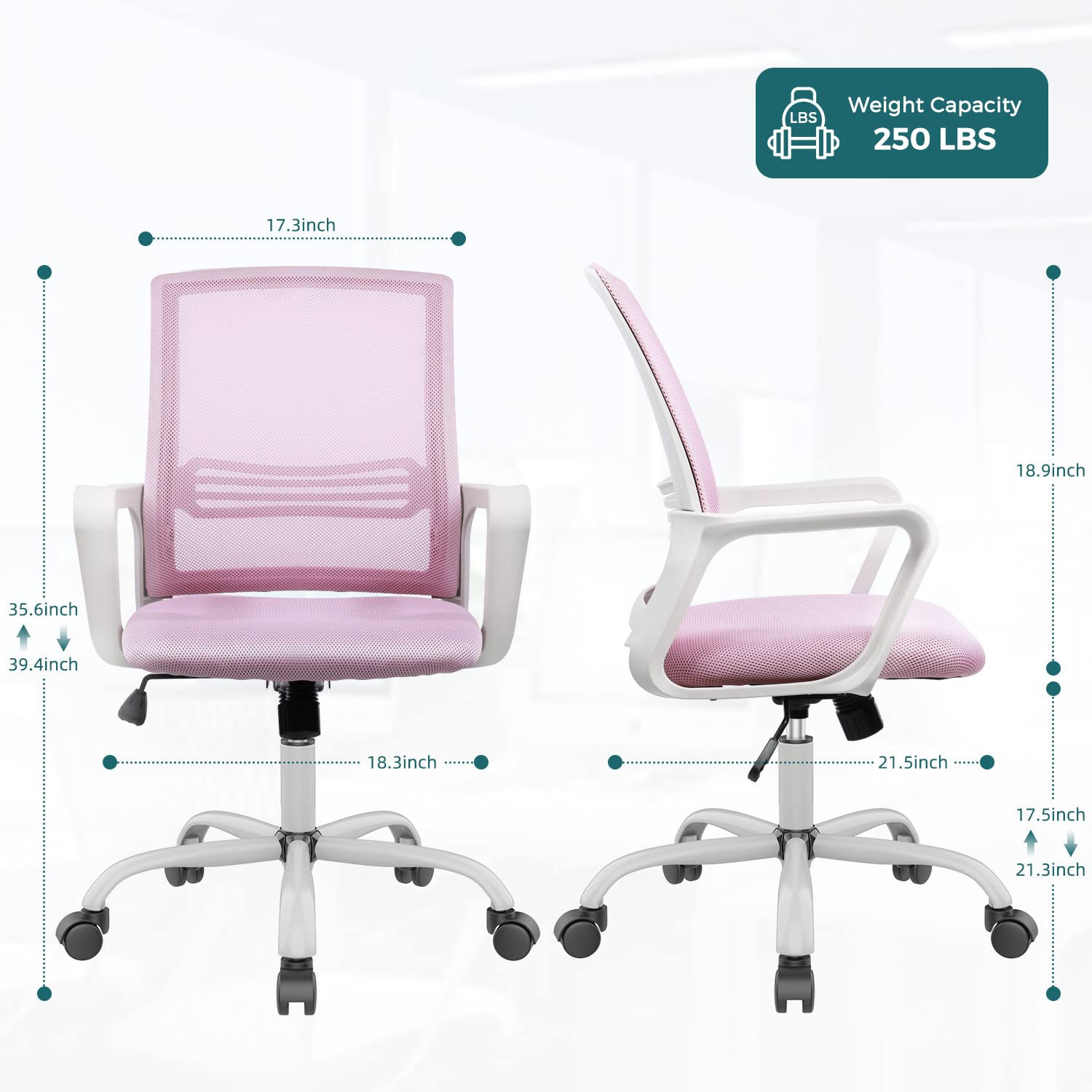 Pink Office Chair Ergonomic Desk Chair Mesh Home Office Desk Chairs Computer Chair Mid Back Task Chair with Armrests Lumbar Support