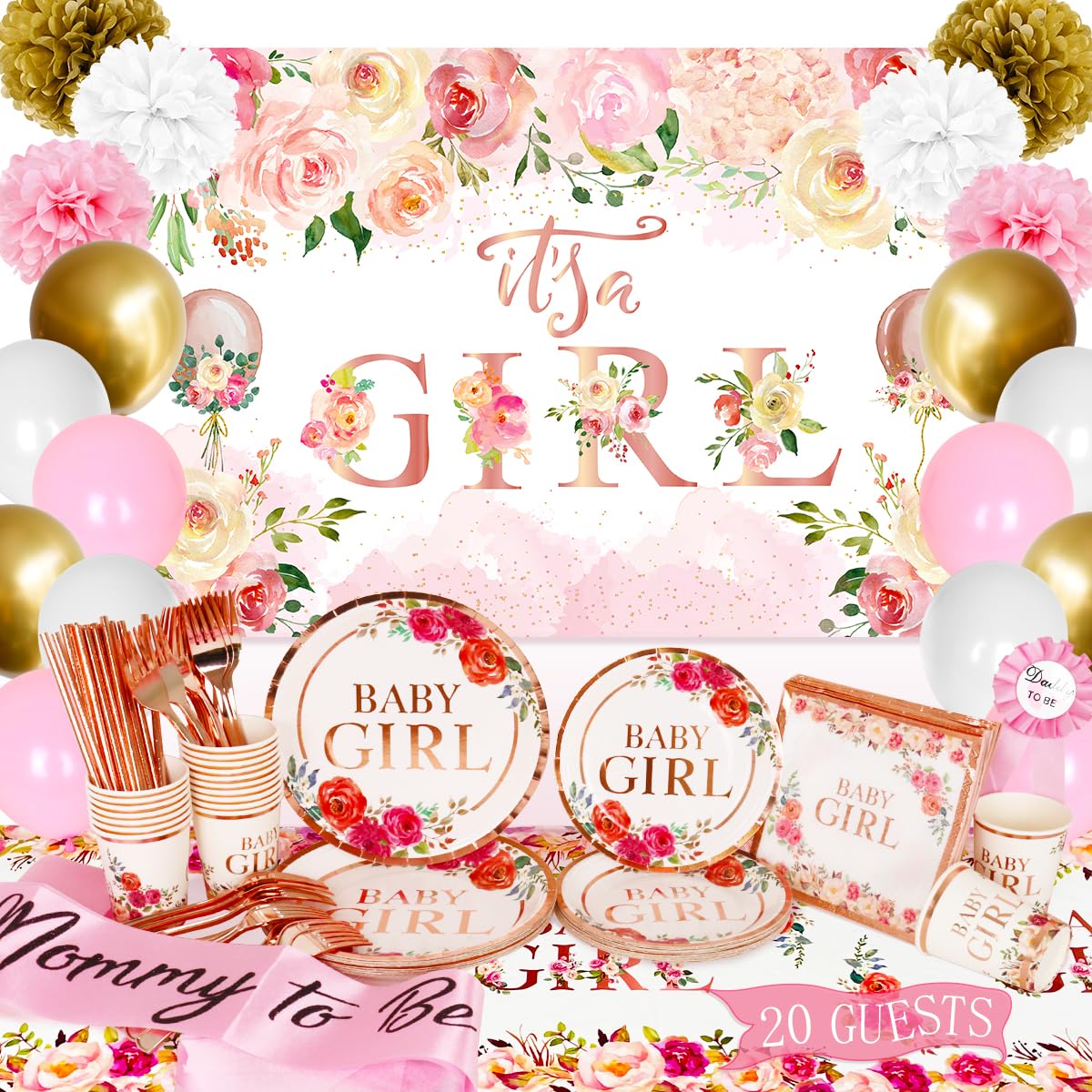 Baby Shower Decorations for Girl Pink and Rose Gold Floral Baby Shower Decor with It's A Girl Backdrop and Baby Girl Plates and Napkins for Sweet Baby Girl Shower Supplies Serves 20 Guests