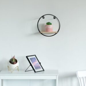 Vintiquewise Round, Wooden Board with Metal Frame Wall Mount Floating Shelf for The Living Room, Dining Room, or Office