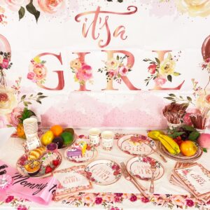 Baby Shower Decorations for Girl Pink and Rose Gold Floral Baby Shower Decor with It's A Girl Backdrop and Baby Girl Plates and Napkins for Sweet Baby Girl Shower Supplies Serves 20 Guests