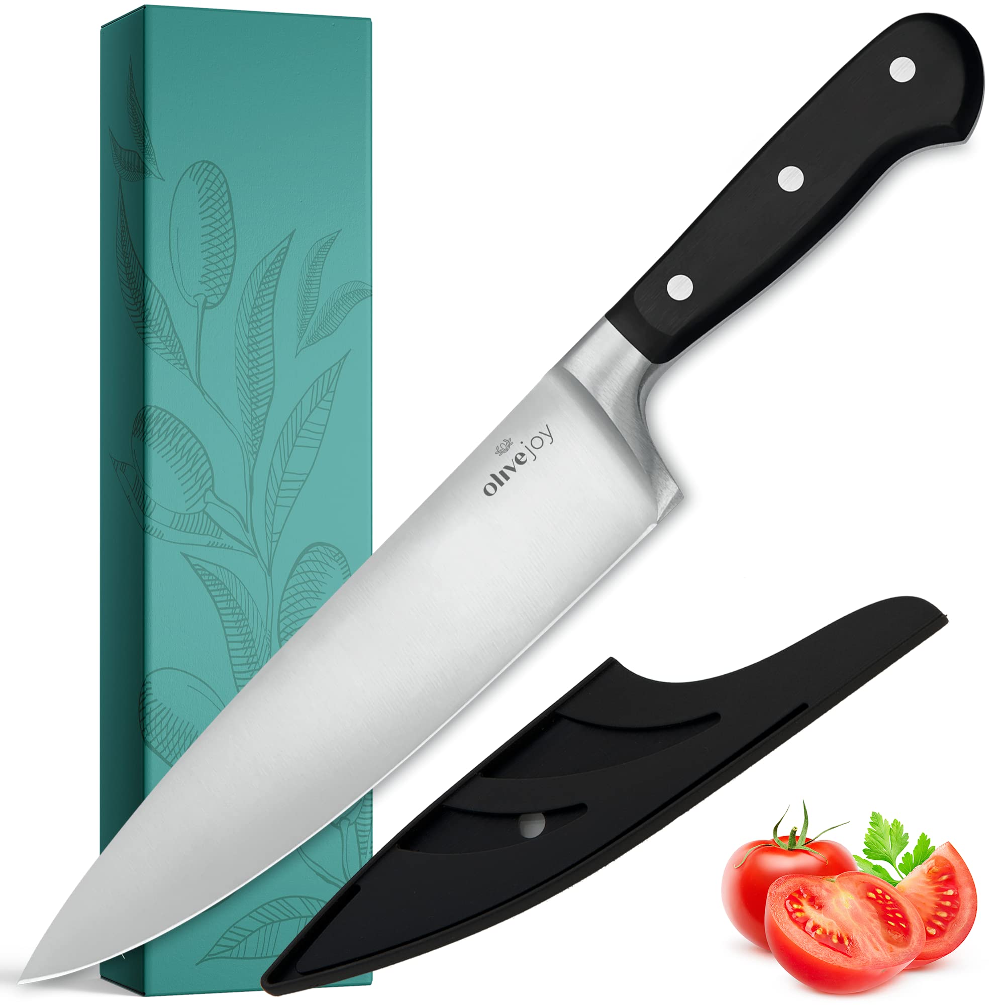 Olive Joy Chef Knife, 8 Inch Kitchen Knife, Professional Chefs Knife with Sheath in Gift Box, Great for Chopping, Cutting and Slicing Meat, Vegetables