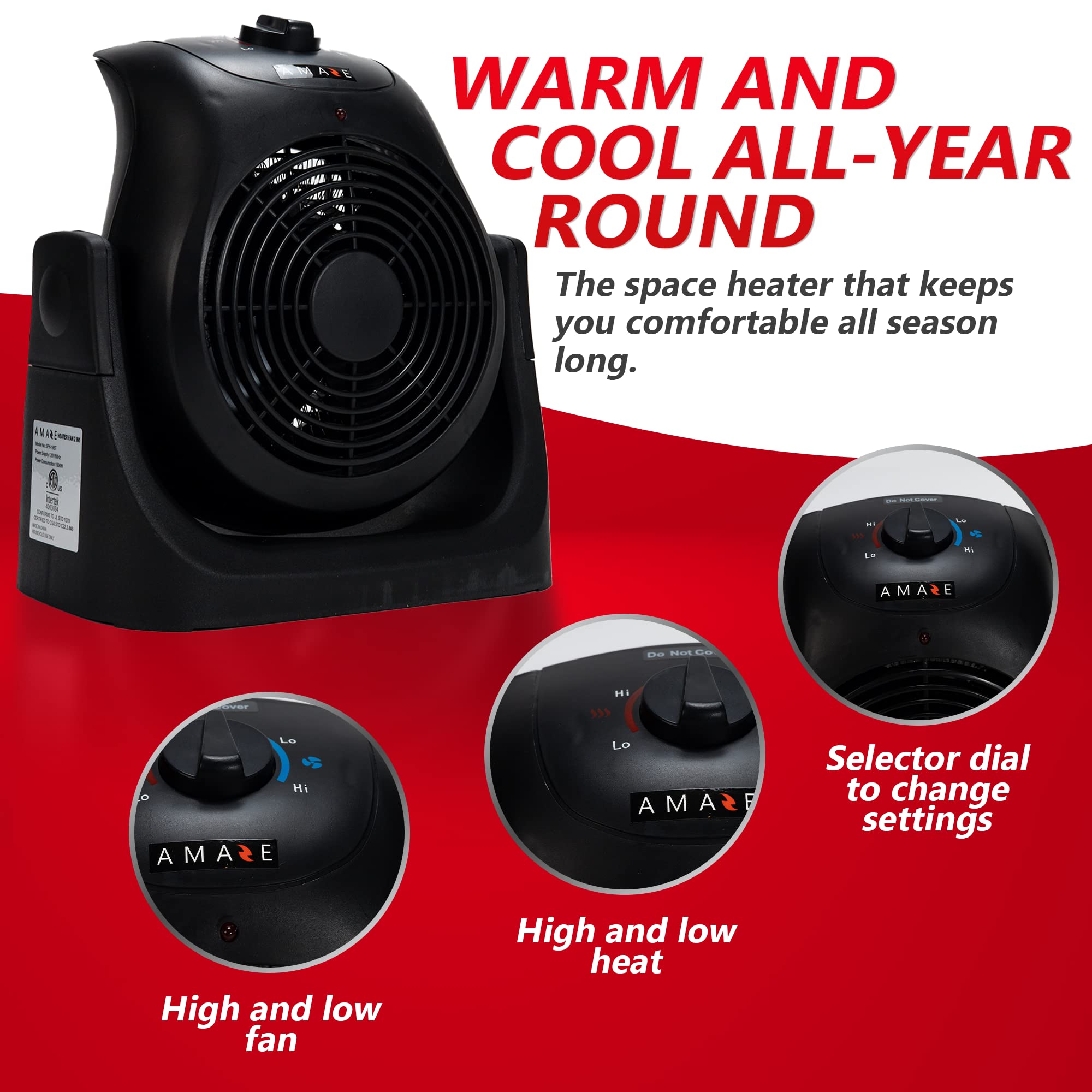 Amaze-Heater Dual Comfort 1500W Space Heater & Fan, Portable, Energy Efficient, Modern Style, Indoor Use