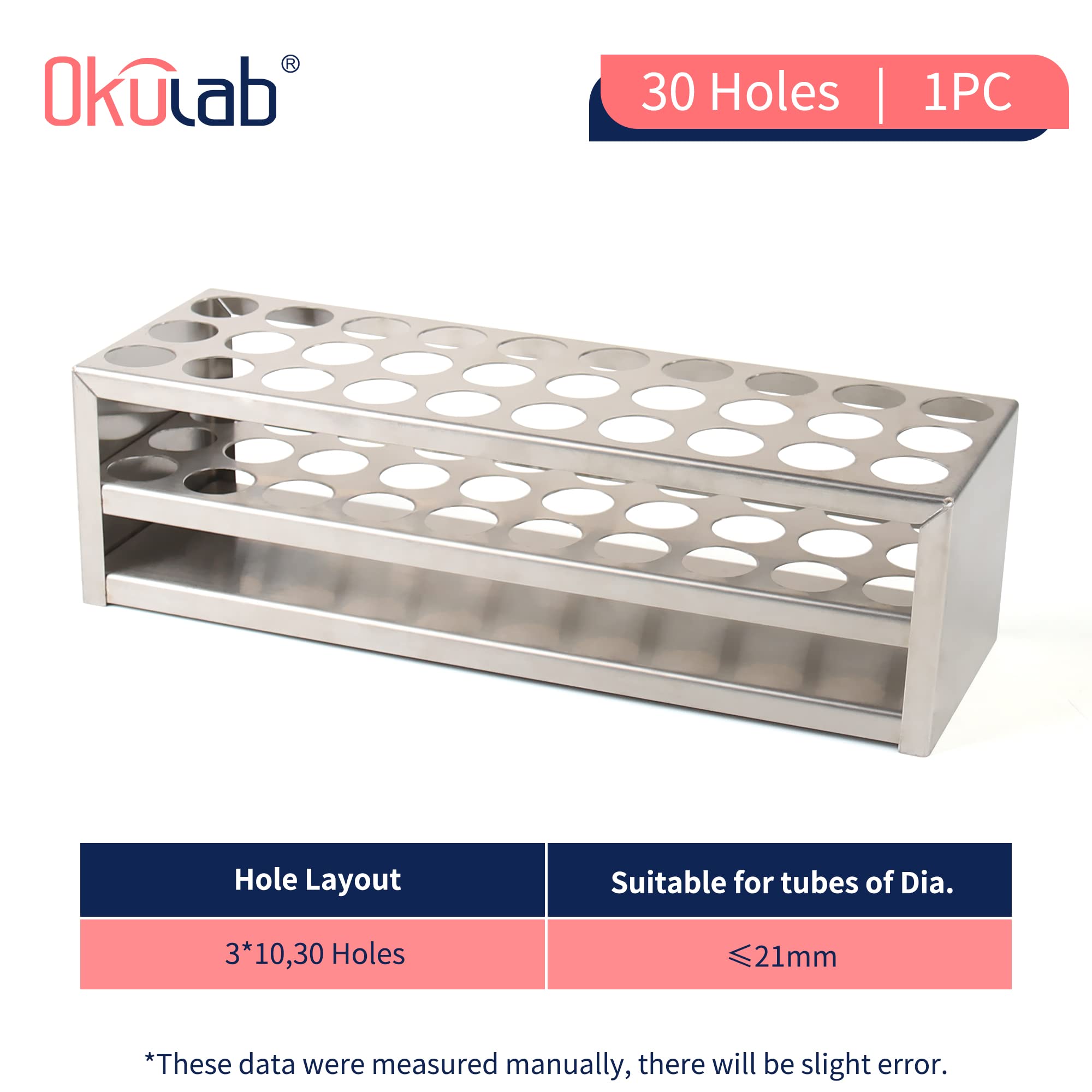 Okulab Test Tube Rack, 30 Holes Stainless Steel Test Tube Racks, with Extended Edges Providing Handles, Suitable for Tubes of Dia.≤21mm, Round Holes Test Tube Holder, for Classroom, Lab,TTRS30B1