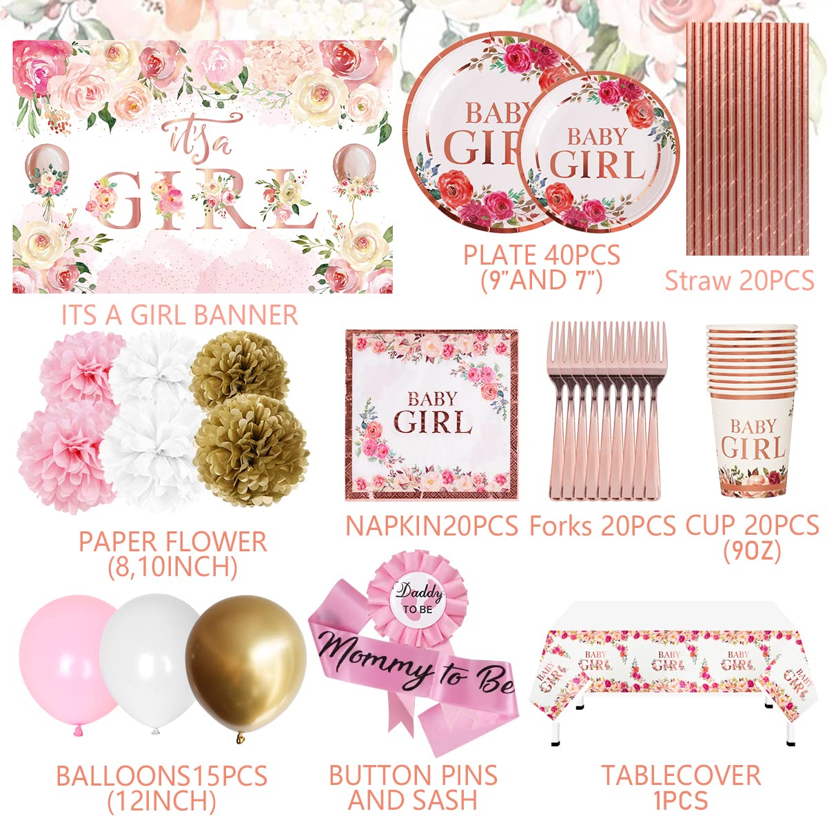 Baby Shower Decorations for Girl Pink and Rose Gold Floral Baby Shower Decor with It's A Girl Backdrop and Baby Girl Plates and Napkins for Sweet Baby Girl Shower Supplies Serves 20 Guests