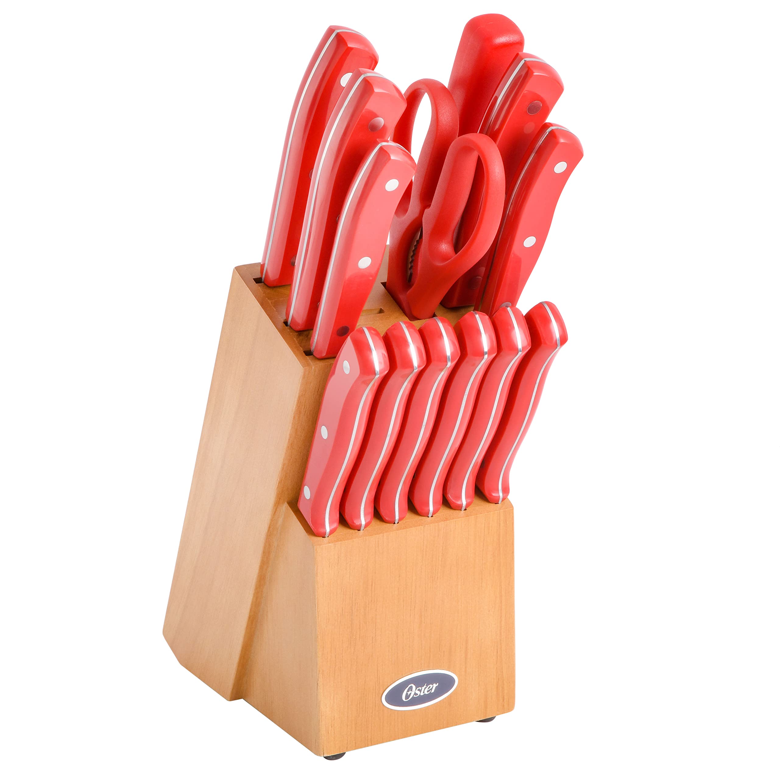 Oster Scottsdale Stainless Steel Kitchen Knife Cutlery Block Set (14-Piece), Red