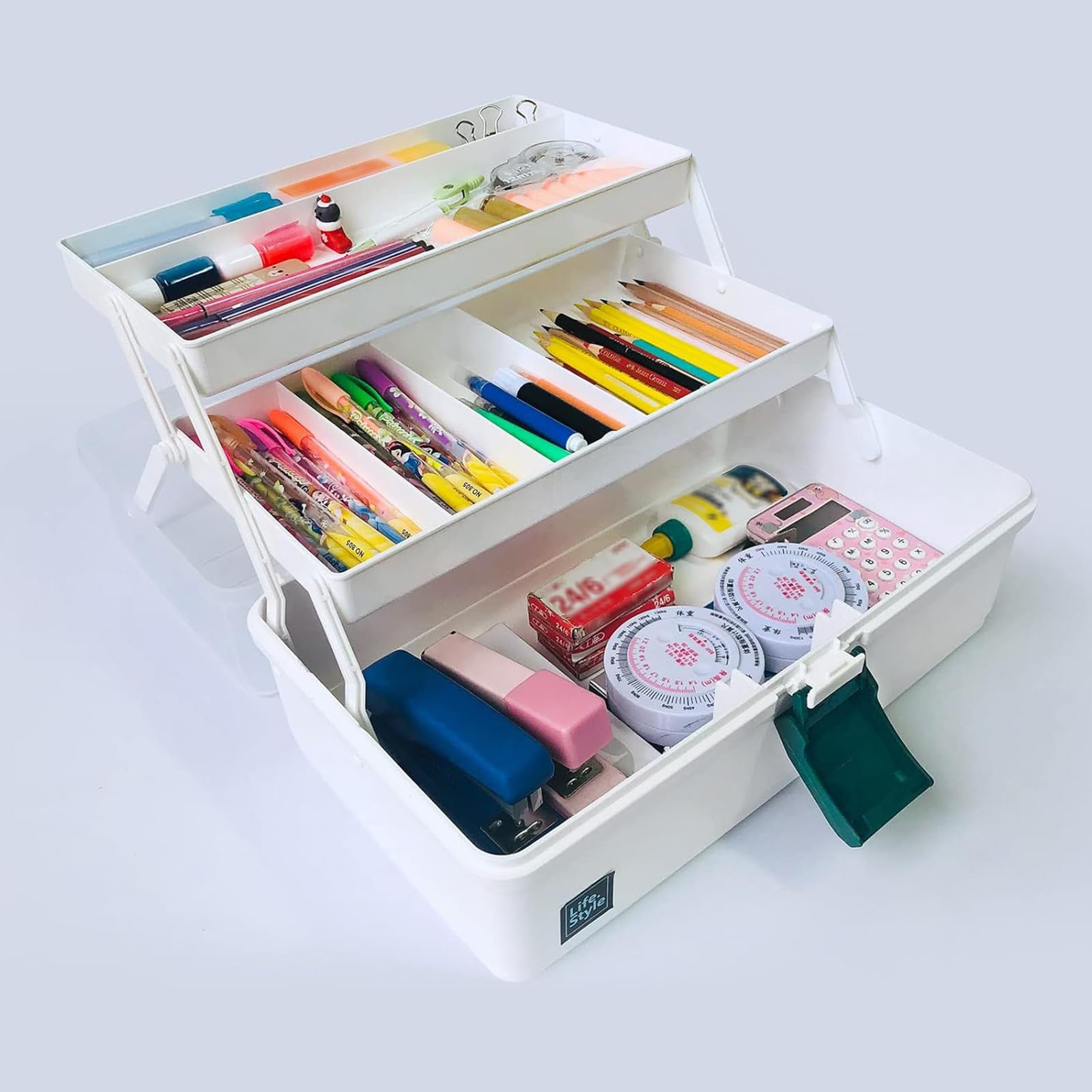 beLaxed 13 inches Craft Organizers and Storage Box, 3-Layers Multifunctional Plastic Sewing Organizing Box with Handle, for Medicine, Art Supply, Makeup, Hair Accessories, Organizer Bins