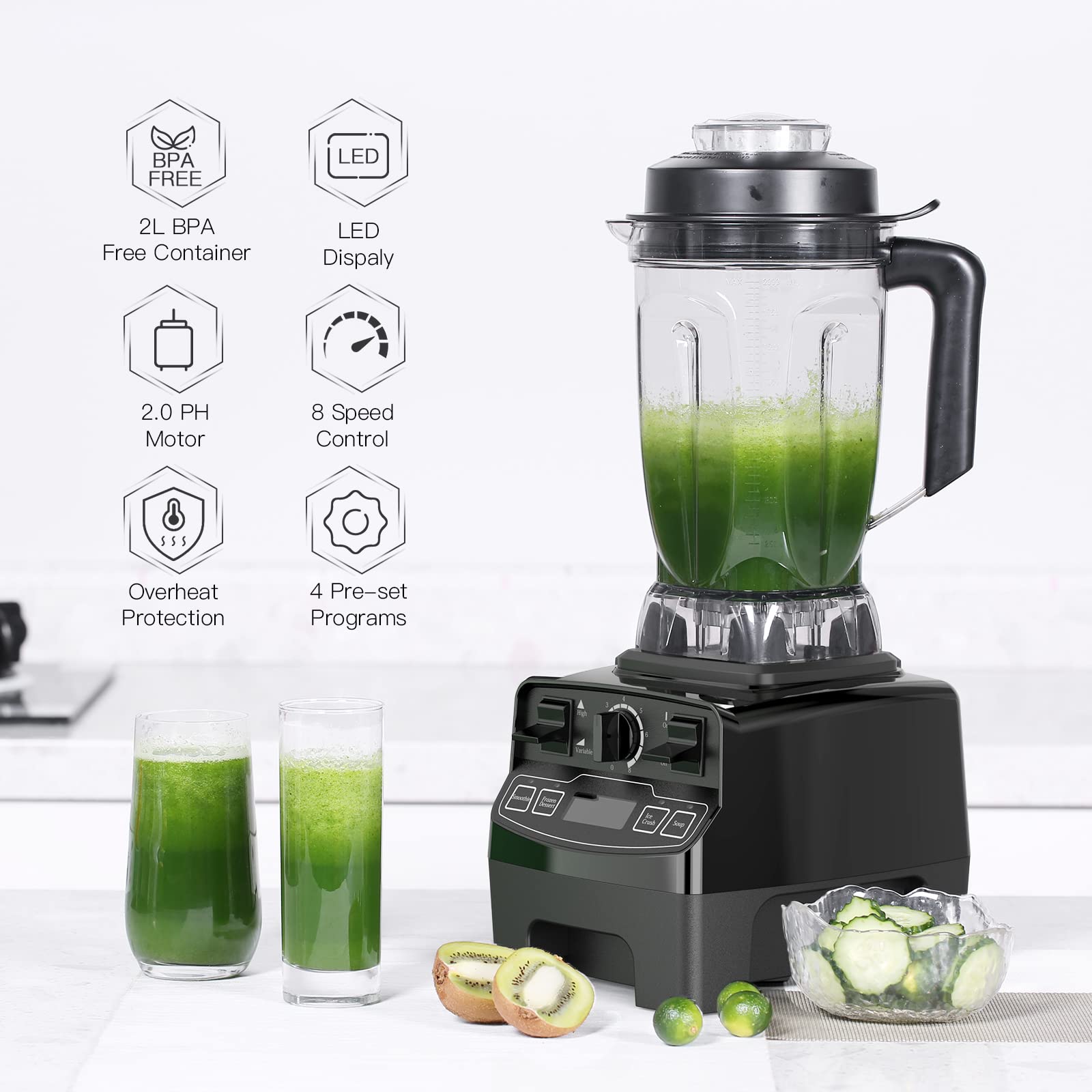 Yukkary 1450W Professional Blender, 2L BPA-Free Tritan Container, 8 Speed Control, 8 Three-Layer Blades, Ice Crushing, Smoothies, Soups, Sauces, Self-Cleaning