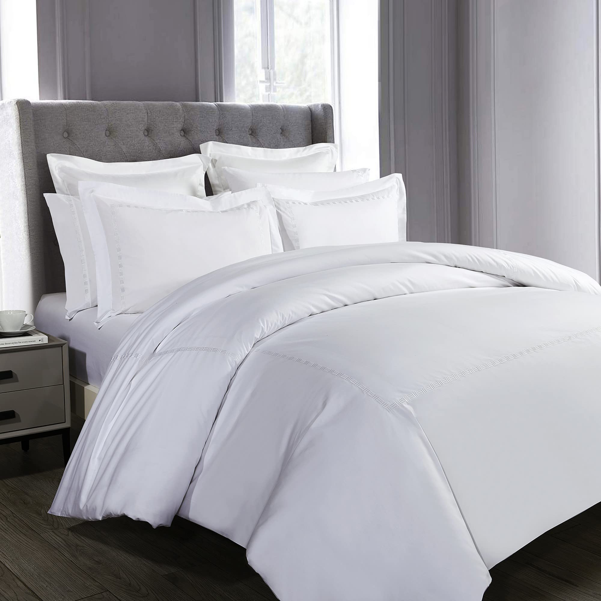 Hotel Grand White Duvet Cover Set King Size - Tencel Cotton Blend Comforter Cover 3 Pieces with Colored Embroidery, 1 Duvet Cover 108" x 98" with Button Closure and 2 Pillow Shams