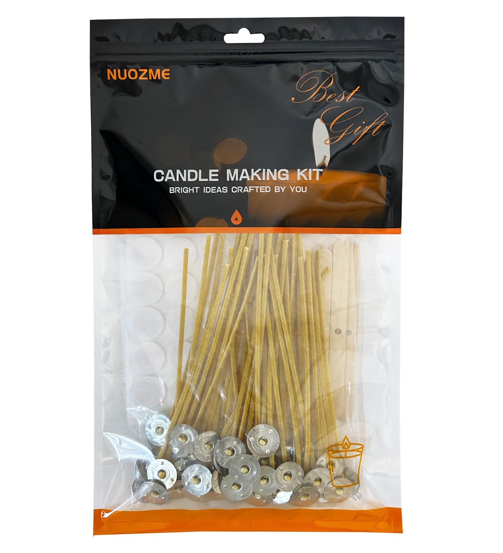 Nuozme 50 Pcs 6" Natural Candle Wicks,Pre-Waxed by 100% Beeswax & Tabbed with 60Pcs Candle Wick Stickers and 5 Pcs Wooden Candle Wick Centering Device, for Candle Making，Candle DIY