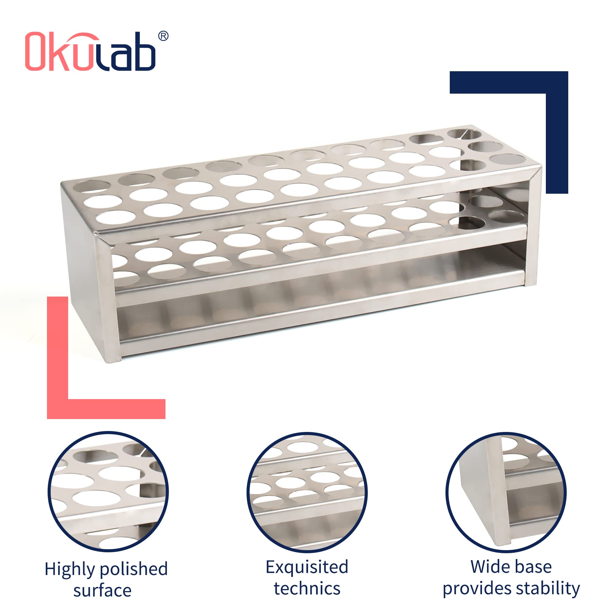 Okulab Test Tube Rack, 30 Holes Stainless Steel Test Tube Racks, with Extended Edges Providing Handles, Suitable for Tubes of Dia.≤21mm, Round Holes Test Tube Holder, for Classroom, Lab,TTRS30B1