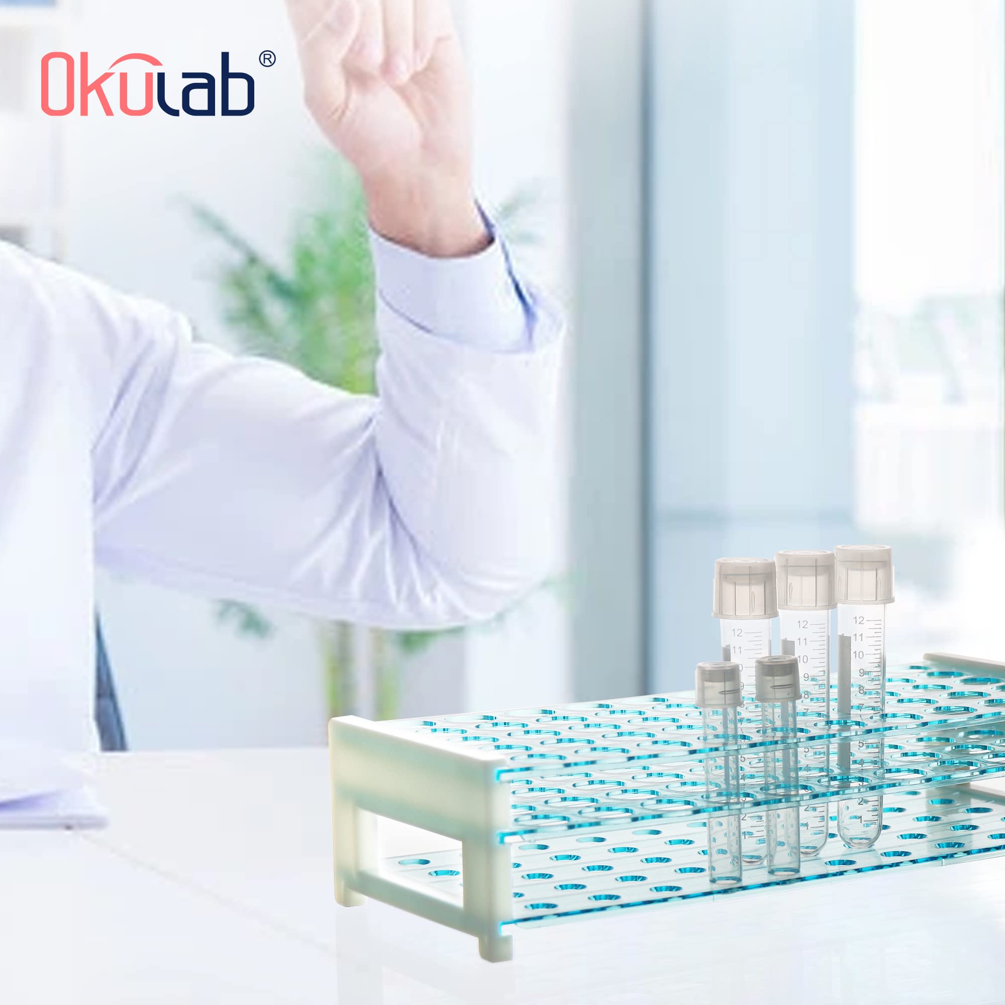 Okulab Detachable Plastic Tube Rack Set, 2pcs, Suitable for Tubes of Dia.≤17mm, 50 Holes Test Tube Holder, for Classroom, Lab,TTRP50A2