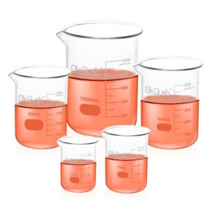 okulab glass beaker set, low form, graduated 3.3 borosilicate glass beakers (i pc of 50 100 250 500 1000ml) for lab, classroom, craft, kitchen, bklgs5a1