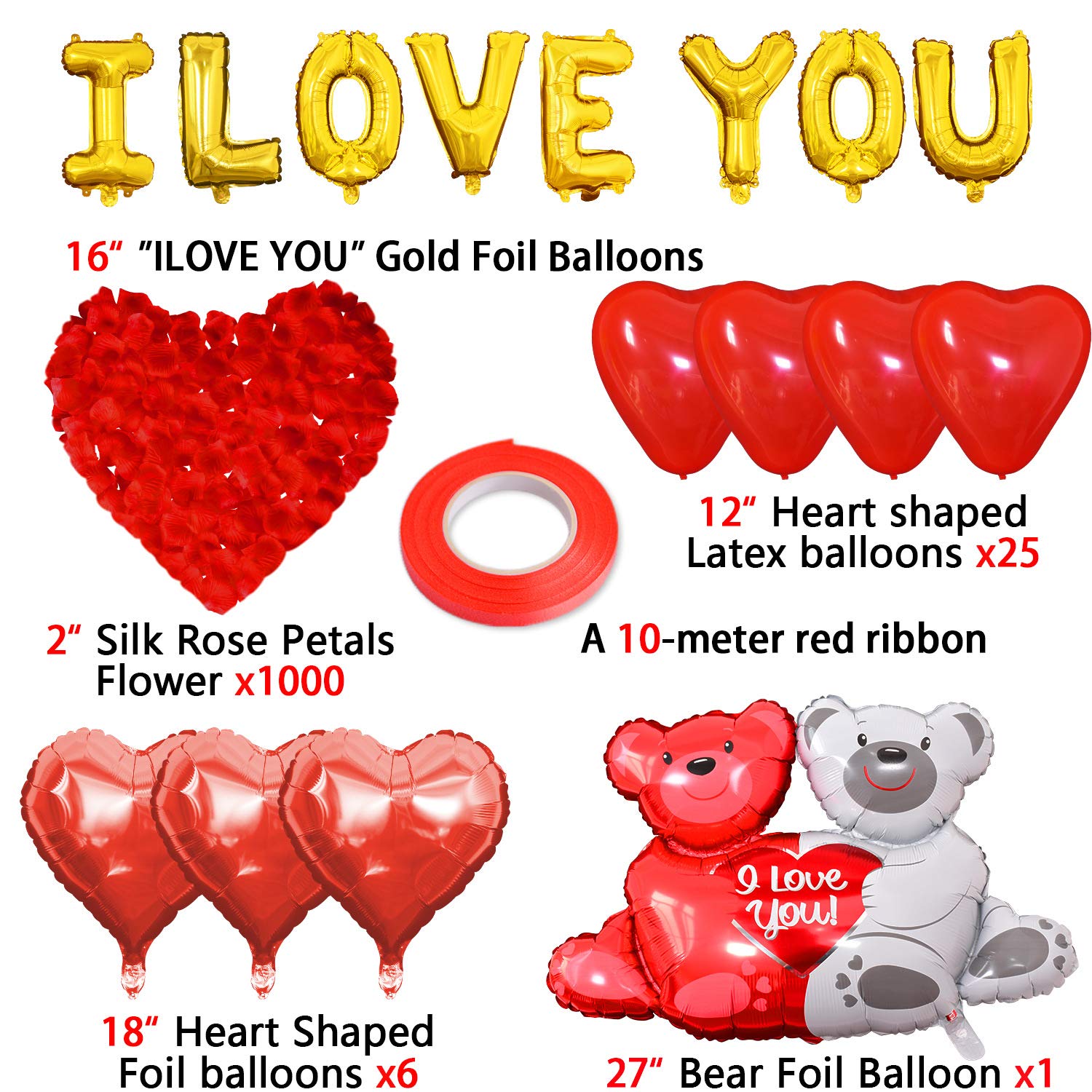 Tayuvira I Love You Balloons And Red Heart Balloons Set ，Heart Balloons Kit With 1000 Pcs Dark-Red Silk Rose .I Love You Decoration For Anniversary Confession Proposal Wedding Valentine Day