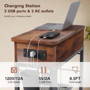 Colima Lift Top End Table with Charging Station and Wheels, Sofa Side Table with USB Port & AC Outlets, Movable Bedside Nightstand with Side Bag for Office Living Room Bedroom(Rustic Wood)