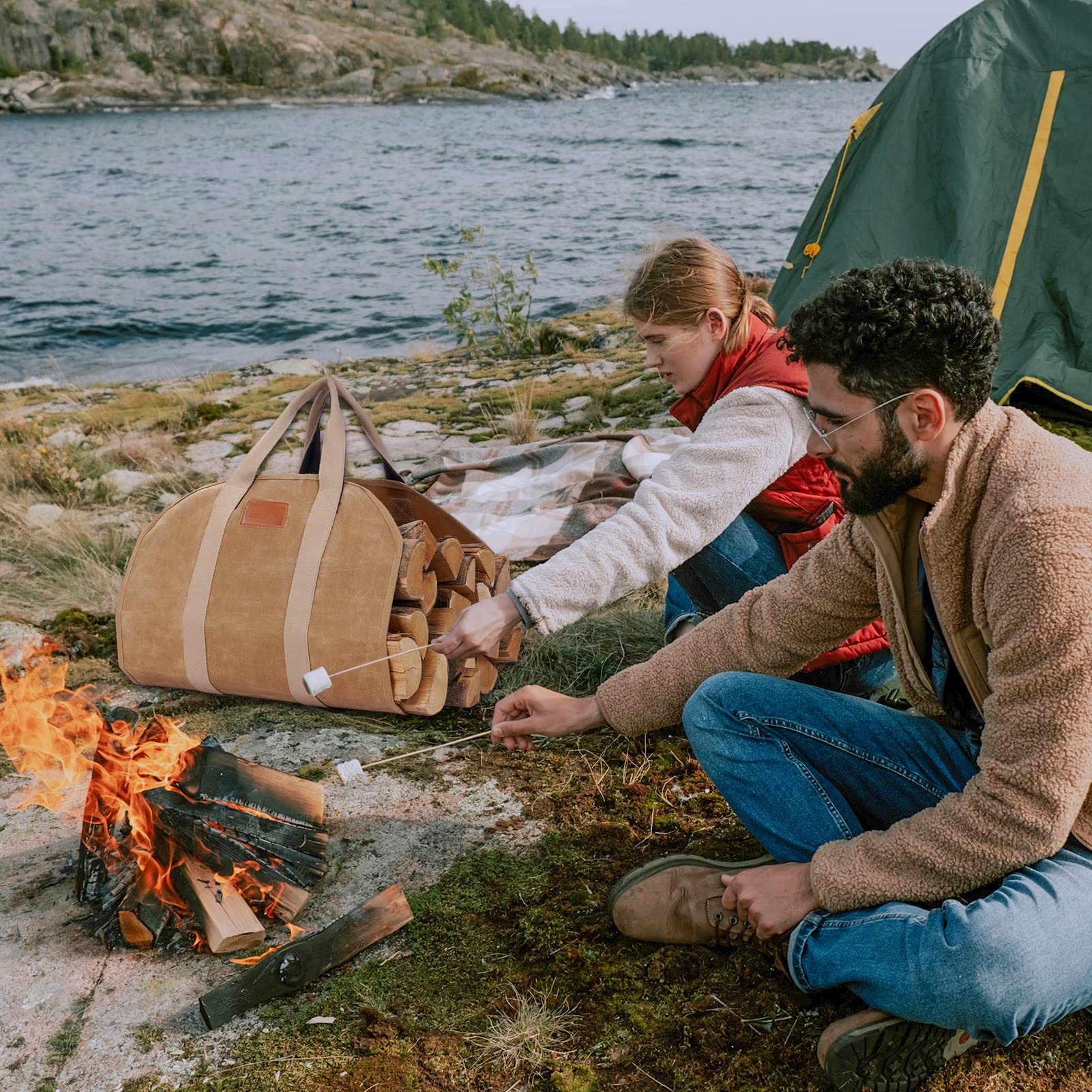 TwentyNext Firewood Log Carrier, Firewood Waxed Canvas Tote Bag with Handles, Heavy Duty Firewood Holder Fireplace Wood Stove Accessories for Camping,BBQ Indoor & Outdoor