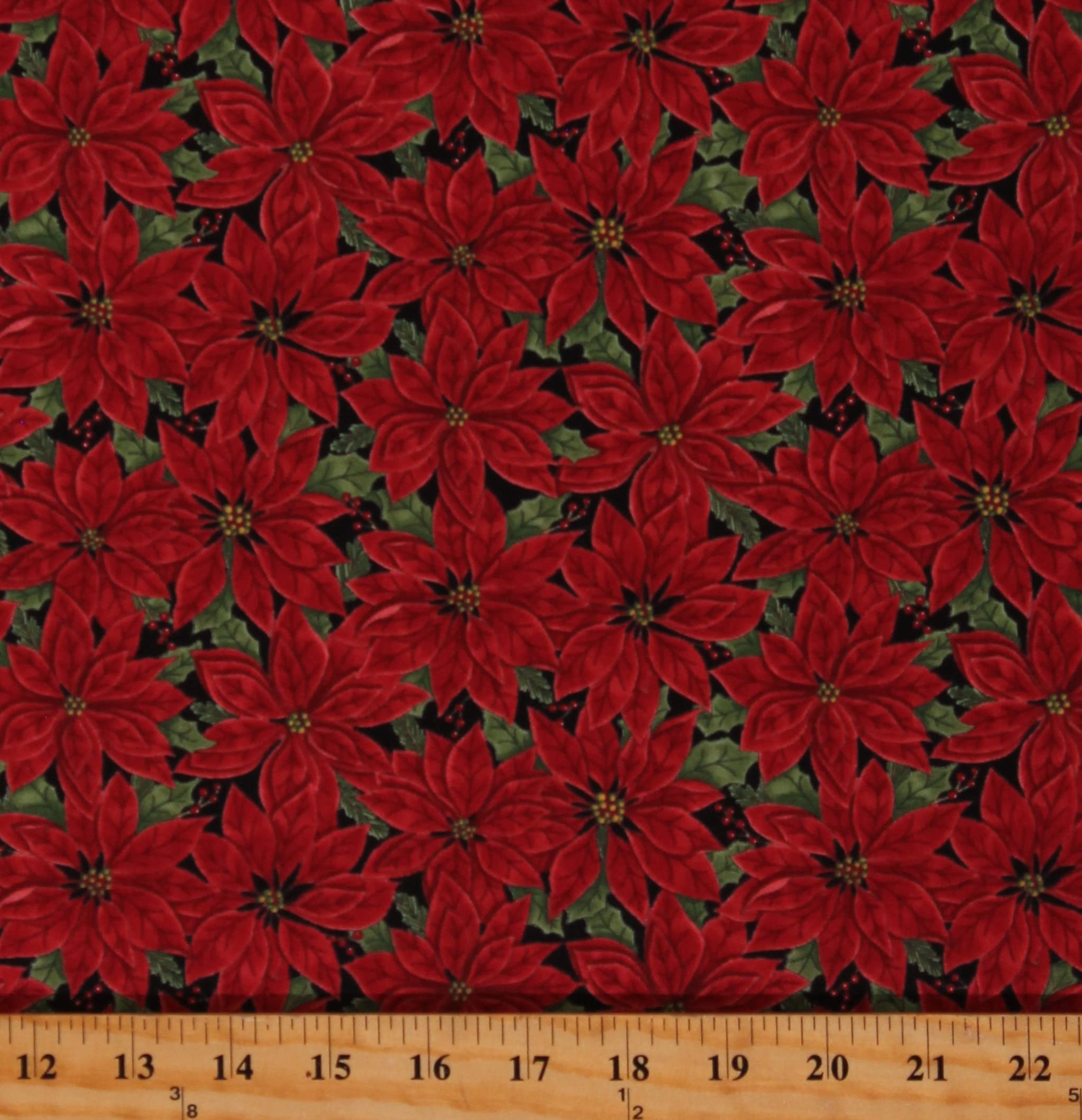 Cotton Christmas Holiday Seasonal Winter Flowers Floral Poinsettias Home Sweet Holiday Deb Strain Black Cotton Fabric Print by The Yard (D504.71)