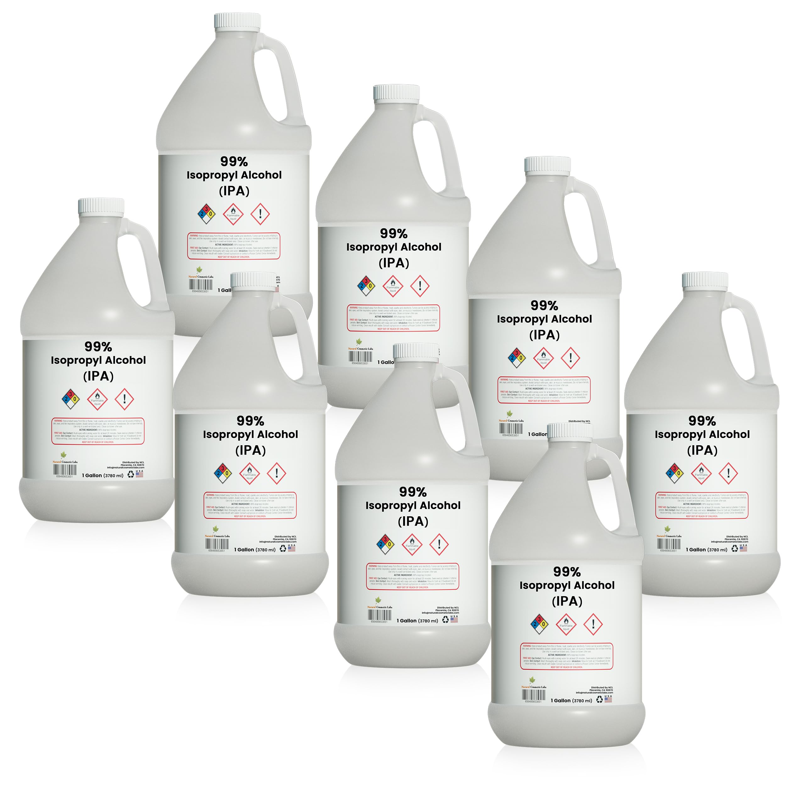 Isopropyl Alcohol 99% (IPA) Rubbing Alcohol by Natural Cosmetic Labs - Made in USA - Gallon - Pack of 8