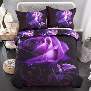 wongs bedding duvet cover set king, 3 pieces valentine's day bedding set with 2 pillowcases, purple rose gifts for gril duvet cover king 90"x104"