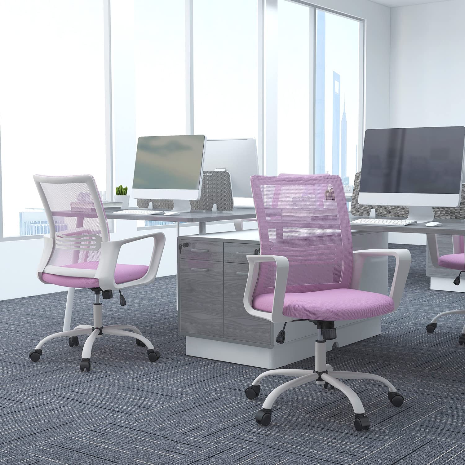 Pink Office Chair Ergonomic Desk Chair Mesh Home Office Desk Chairs Computer Chair Mid Back Task Chair with Armrests Lumbar Support