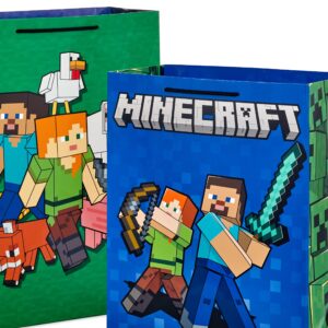 Hallmark Minecraft Gift Bag Bundle (2 Bags: 13" Large Blue Bag, 15" Extra Large Green) for Birthdays, Christmas, Valentine's Day, Halloween, Kids Parties