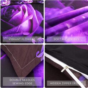 WONGS BEDDING Duvet Cover Set King, 3 Pieces Valentine's Day Bedding Set with 2 Pillowcases, Purple Rose Gifts for Gril Duvet Cover King 90"x104"