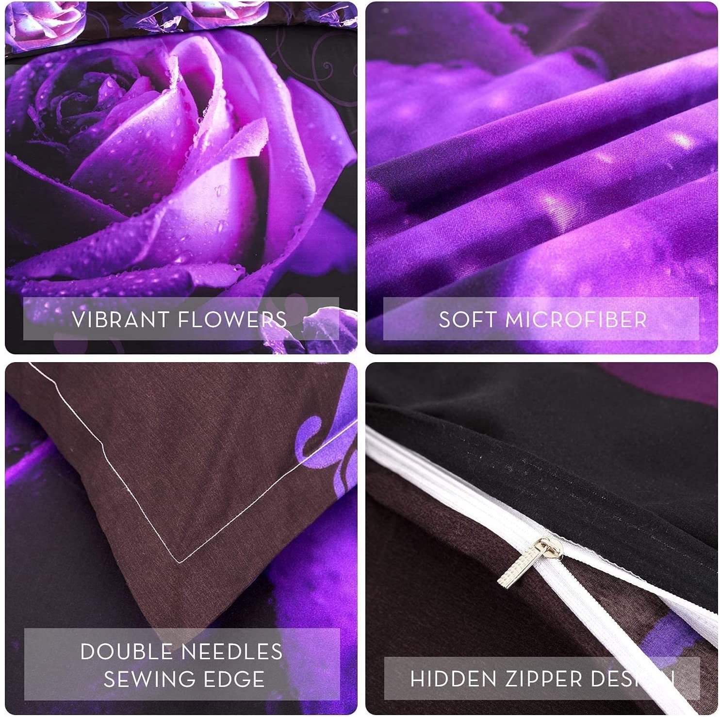 WONGS BEDDING Duvet Cover Set King, 3 Pieces Valentine's Day Bedding Set with 2 Pillowcases, Purple Rose Gifts for Gril Duvet Cover King 90"x104"