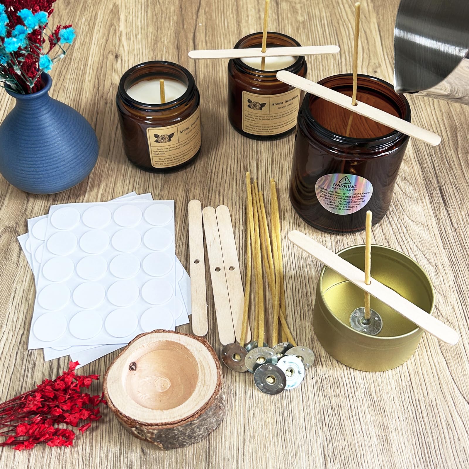 Nuozme 50 Pcs 6" Natural Candle Wicks,Pre-Waxed by 100% Beeswax & Tabbed with 60Pcs Candle Wick Stickers and 5 Pcs Wooden Candle Wick Centering Device, for Candle Making，Candle DIY